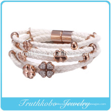 New design rose gold high imitation diamond Four-leaf clover bracelet rope leather bracelet